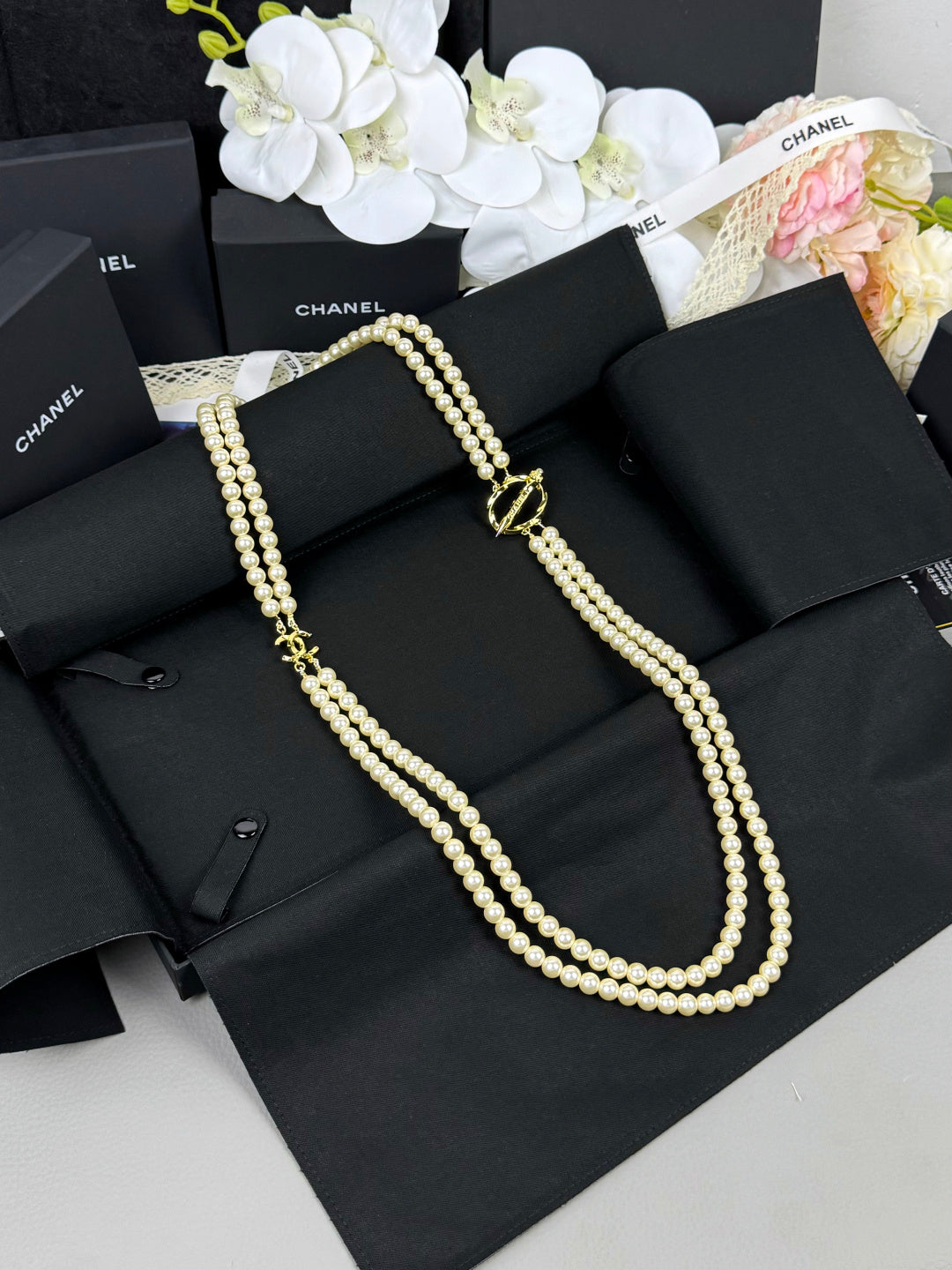[⭐Aura]25K Pencil Double C Double-Layer Pearl Sweater Chain