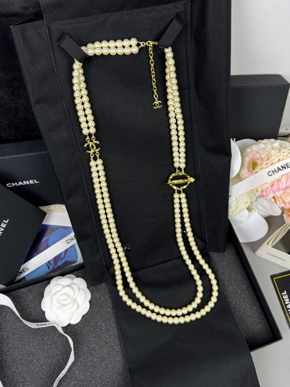 [⭐Aura]25K Pencil Double C Double-Layer Pearl Sweater Chain
