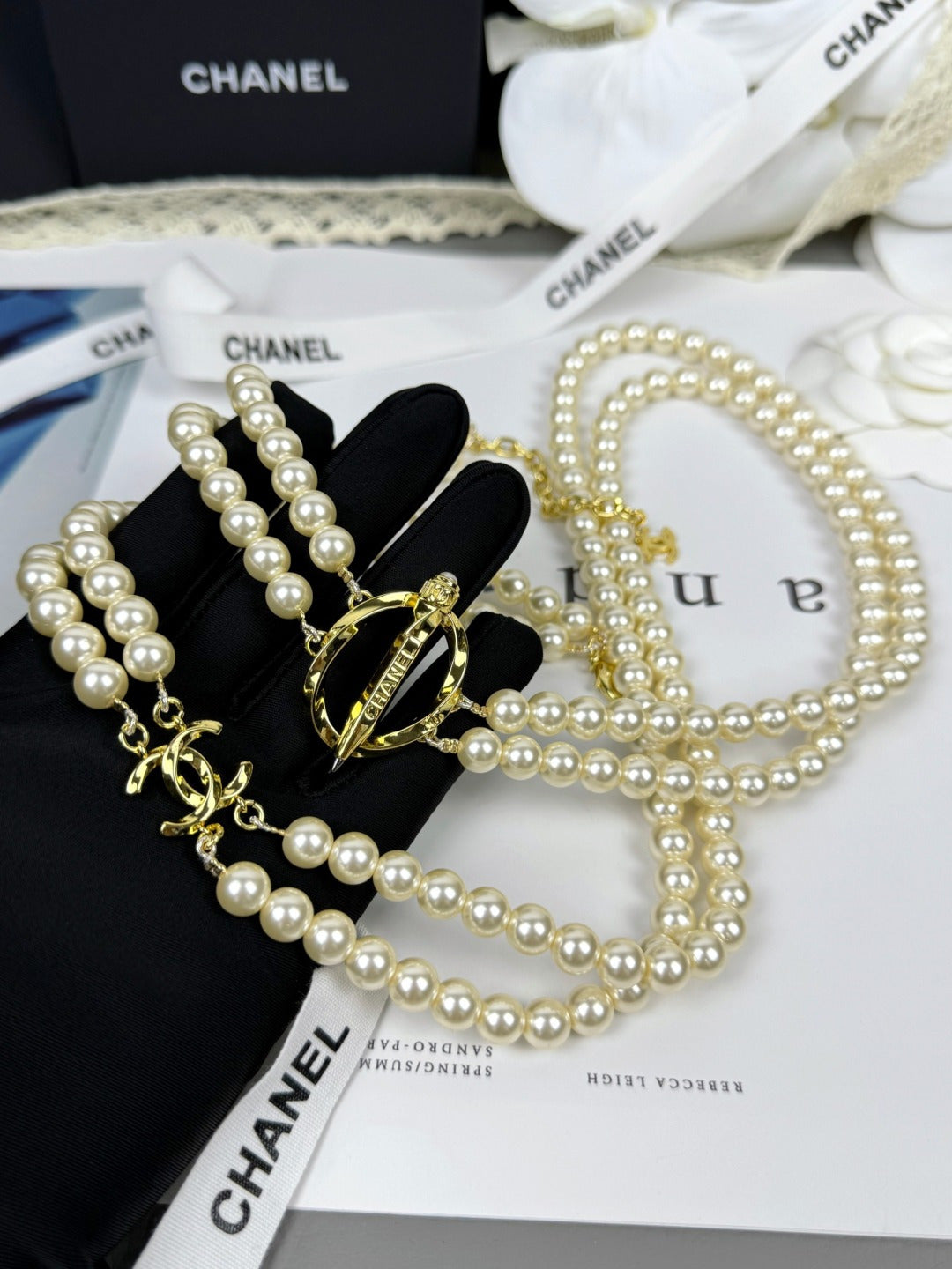 [⭐Aura]25K Pencil Double C Double-Layer Pearl Sweater Chain
