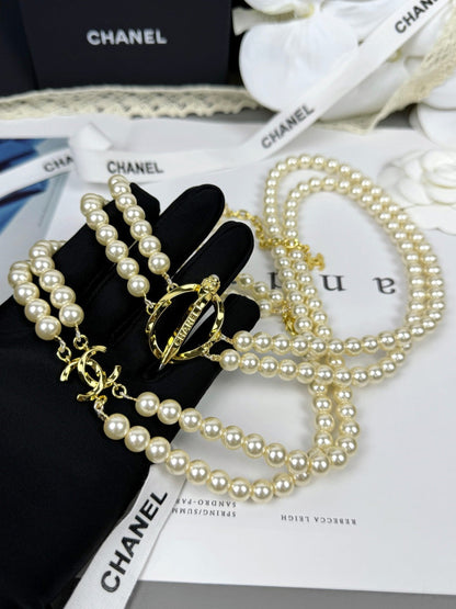 [⭐Aura]25K Pencil Double C Double-Layer Pearl Sweater Chain