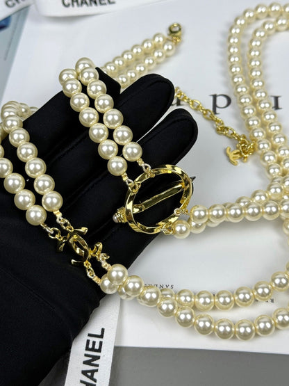 [⭐Aura]25K Pencil Double C Double-Layer Pearl Sweater Chain