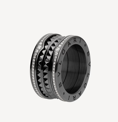 [⭐Aura]ZERO 1 ROCK FOUR-BAND BLACK CERAMIC WITH STUDDED SPIRAL AND PAVED DIAMONDS RING