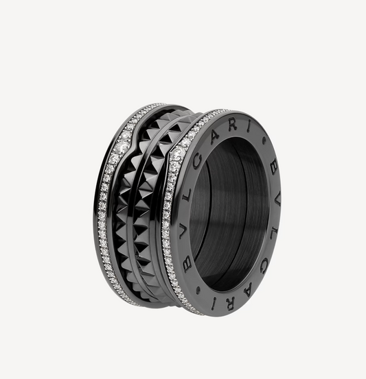 [⭐Aura]ZERO 1 ROCK FOUR-BAND BLACK CERAMIC WITH STUDDED SPIRAL AND PAVED DIAMONDS RING