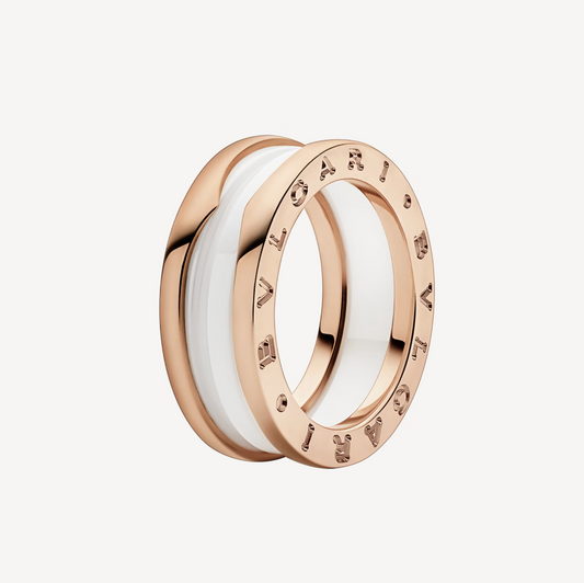 [⭐Aura]ZERO 1 TWO-BAND LOOPS AND WHITE CERAMIC SPIRAL PINK GOLD RING
