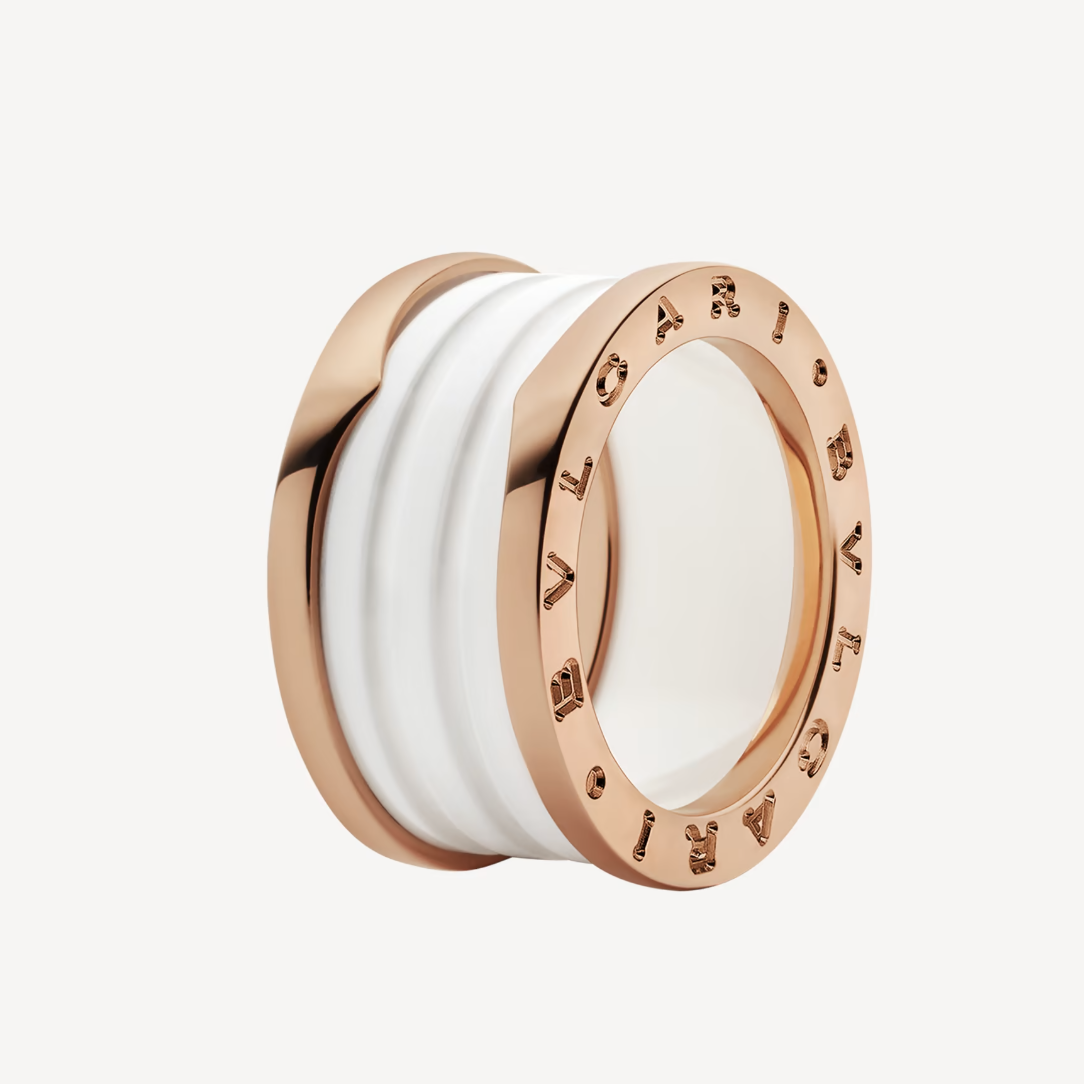 [⭐Aura]ZERO 1 FOUR-BAND LOOPS AND WHITE CERAMIC SPIRAL PINK GOLD RING