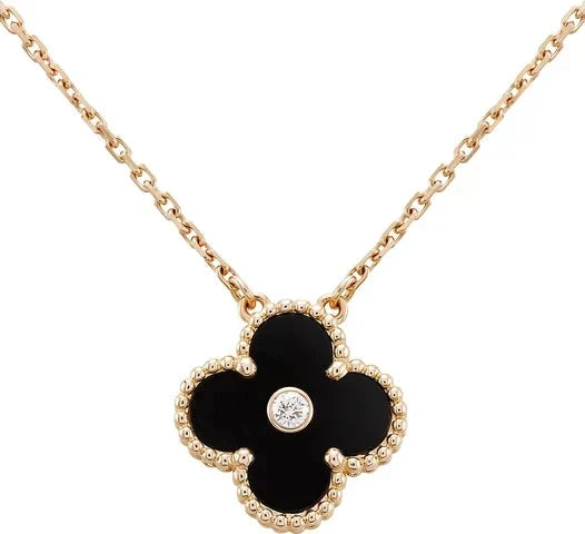 [⭐Aura]CLOVER 15MM DIAMOND ONYX NECKLACE