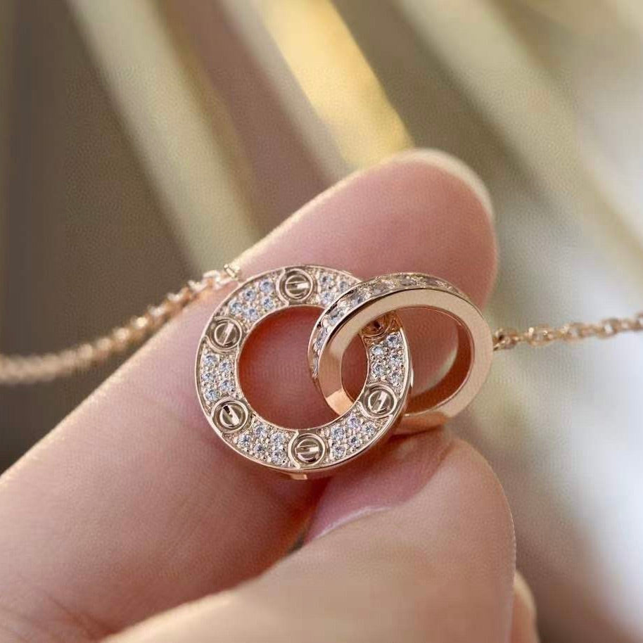 [⭐Aura]LOVE 7.6MM NECKLACE ROSE GOLD AND SILVER  FULL DIAMOND