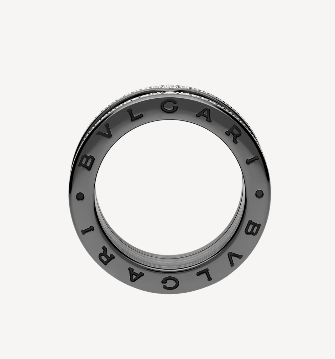 [⭐Aura]ZERO 1 ROCK FOUR-BAND BLACK CERAMIC WITH STUDDED SPIRAL AND PAVED DIAMONDS RING