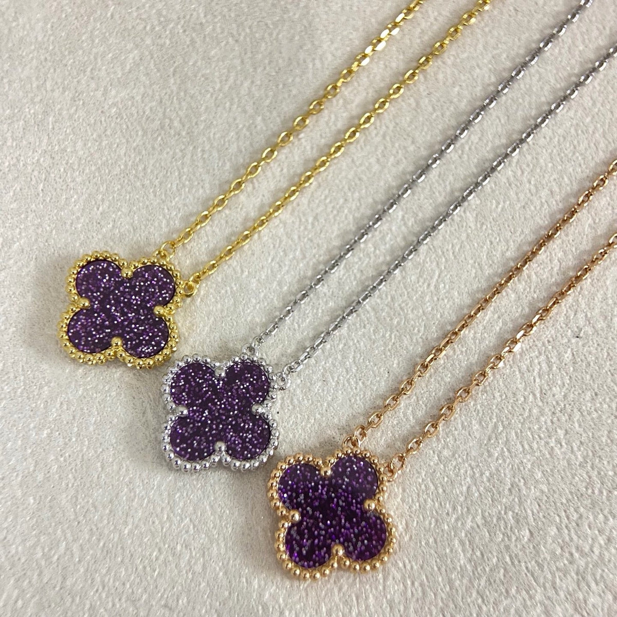 [⭐Aura]NEW 15MM PURPLE SAND-GOLD FOUR-LEAF CLOVER NECKLACE
