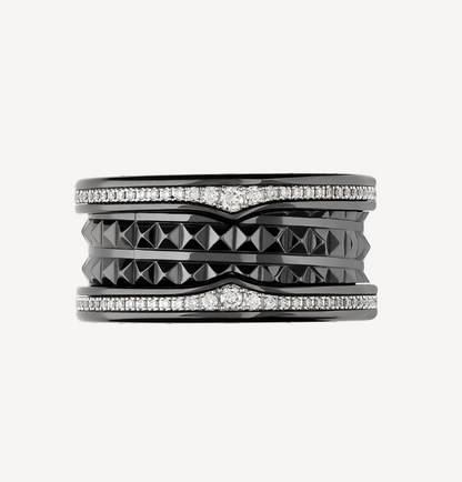 [⭐Aura]ZERO 1 ROCK FOUR-BAND BLACK CERAMIC WITH STUDDED SPIRAL AND PAVED DIAMONDS RING