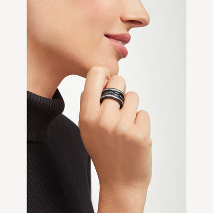 [⭐Aura]ZERO 1 ROCK FOUR-BAND BLACK CERAMIC WITH STUDDED SPIRAL AND PAVED DIAMONDS RING