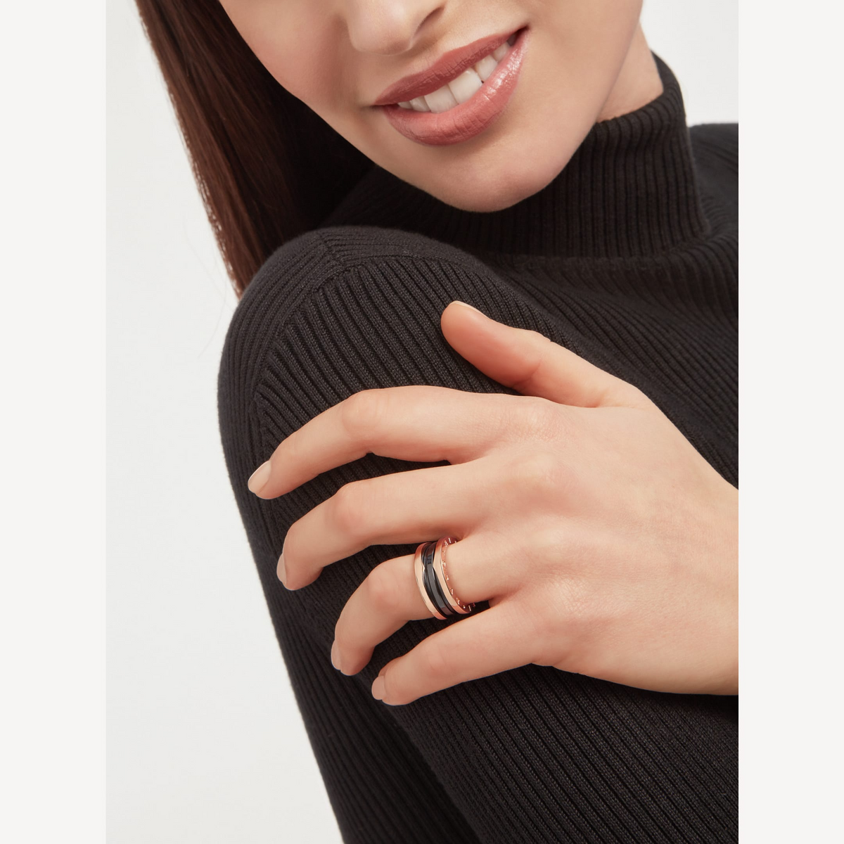 [⭐Aura]ZERO 1 TWO-BAND LOOPS AND BLACK CERAMIC PINK GOLD RING