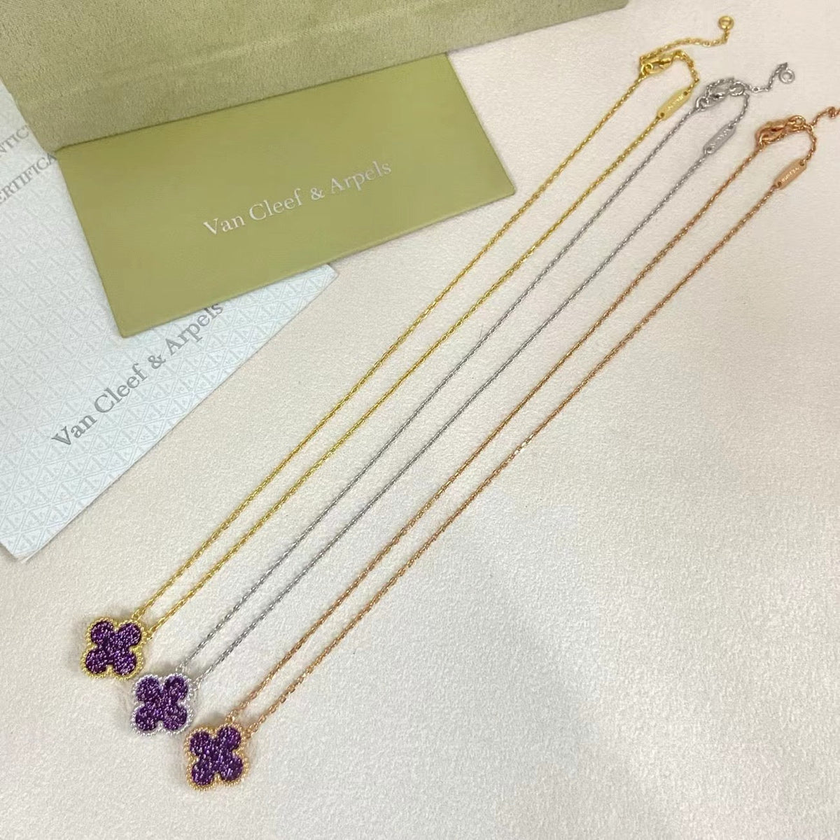[⭐Aura]NEW 15MM PURPLE SAND-GOLD FOUR-LEAF CLOVER NECKLACE