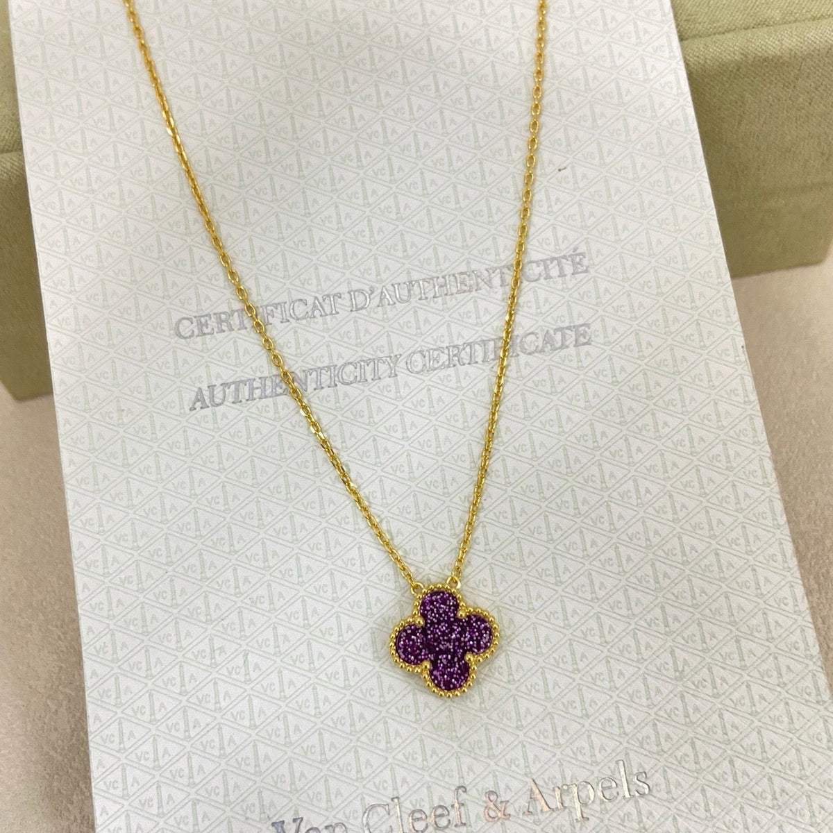 [⭐Aura]NEW 15MM PURPLE SAND-GOLD FOUR-LEAF CLOVER NECKLACE