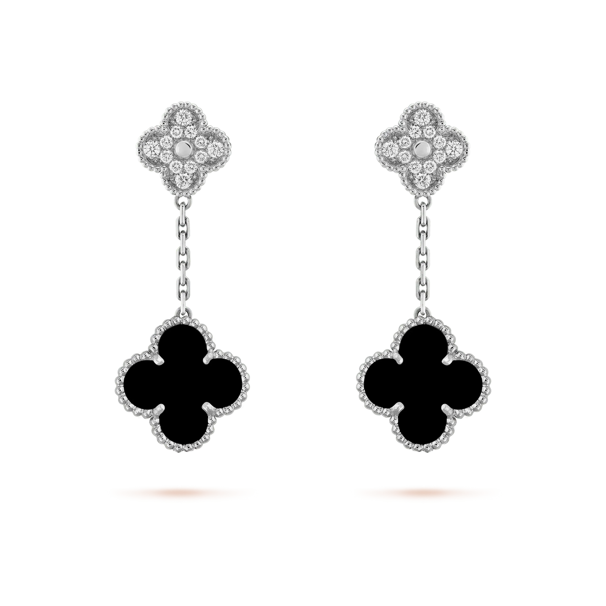 [⭐Aura]CLOVER 2 MOTIFS  DIAMOND ONYX EARRINGS SILVER