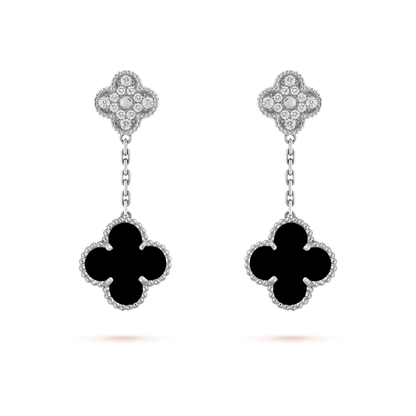 [⭐Aura]CLOVER 2 MOTIFS  DIAMOND ONYX EARRINGS SILVER