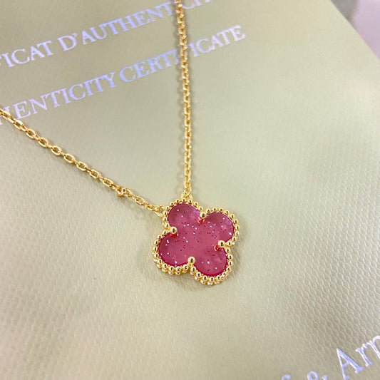 [⭐Aura]15MM BUBBLE PINK ENAMEL SINGLE-FLOWER FOUR-LEAF CLOVER NECKLACE