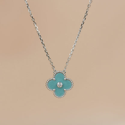 [⭐Aura]CLOVER 15MM DIAMOND SVRES PORCELAIN  NECKLACE SILVER