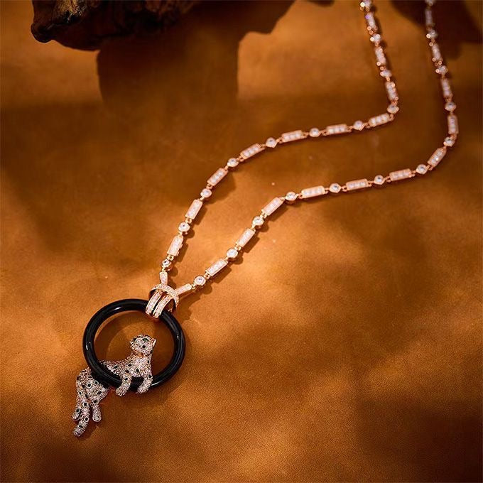 [⭐Aura jewelrys]NEW BLACK CIRCLE PANTHER FULL DIAMOND NECKLACE