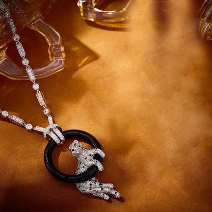 [⭐Aura jewelrys]NEW BLACK CIRCLE PANTHER FULL DIAMOND NECKLACE