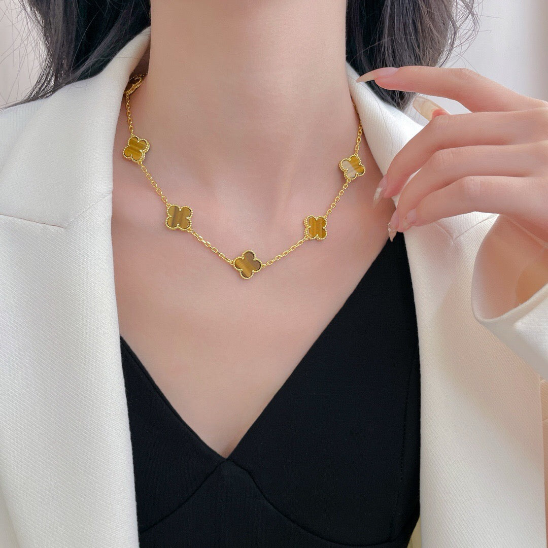 [⭐Aura]CLOVER 10 MOTIFS TIGER EYE NECKLACE
