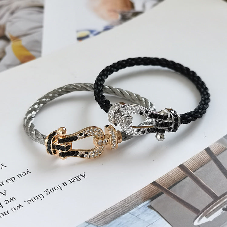[⭐Aura]FORCE LARGE HORSESHOE BLACK WHITE DIAMOND BRACELET SILVER