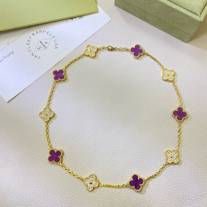 [⭐Aura Jewelry]CLOVER 10 MOTIFS  PURPLE VIOLET DIAMOND NECKLACE