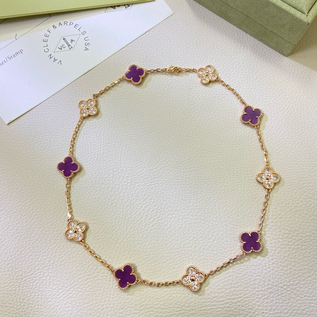 [⭐Aura Jewelry]CLOVER 10 MOTIFS  PURPLE VIOLET DIAMOND NECKLACE