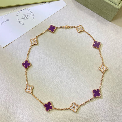 [⭐Aura Jewelry]CLOVER 10 MOTIFS  PURPLE VIOLET DIAMOND NECKLACE