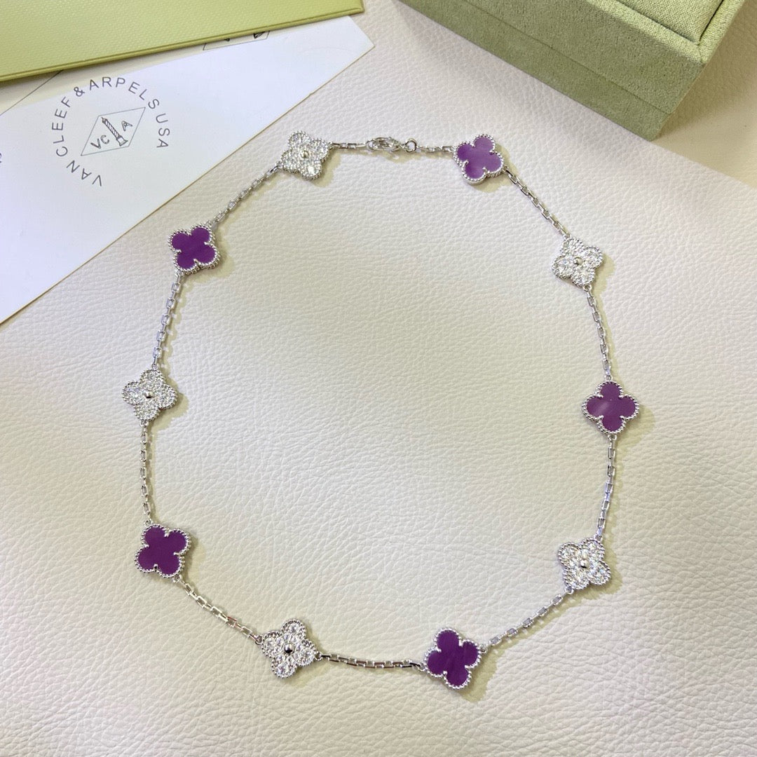 [⭐Aura Jewelry]CLOVER 10 MOTIFS  PURPLE VIOLET DIAMOND NECKLACE