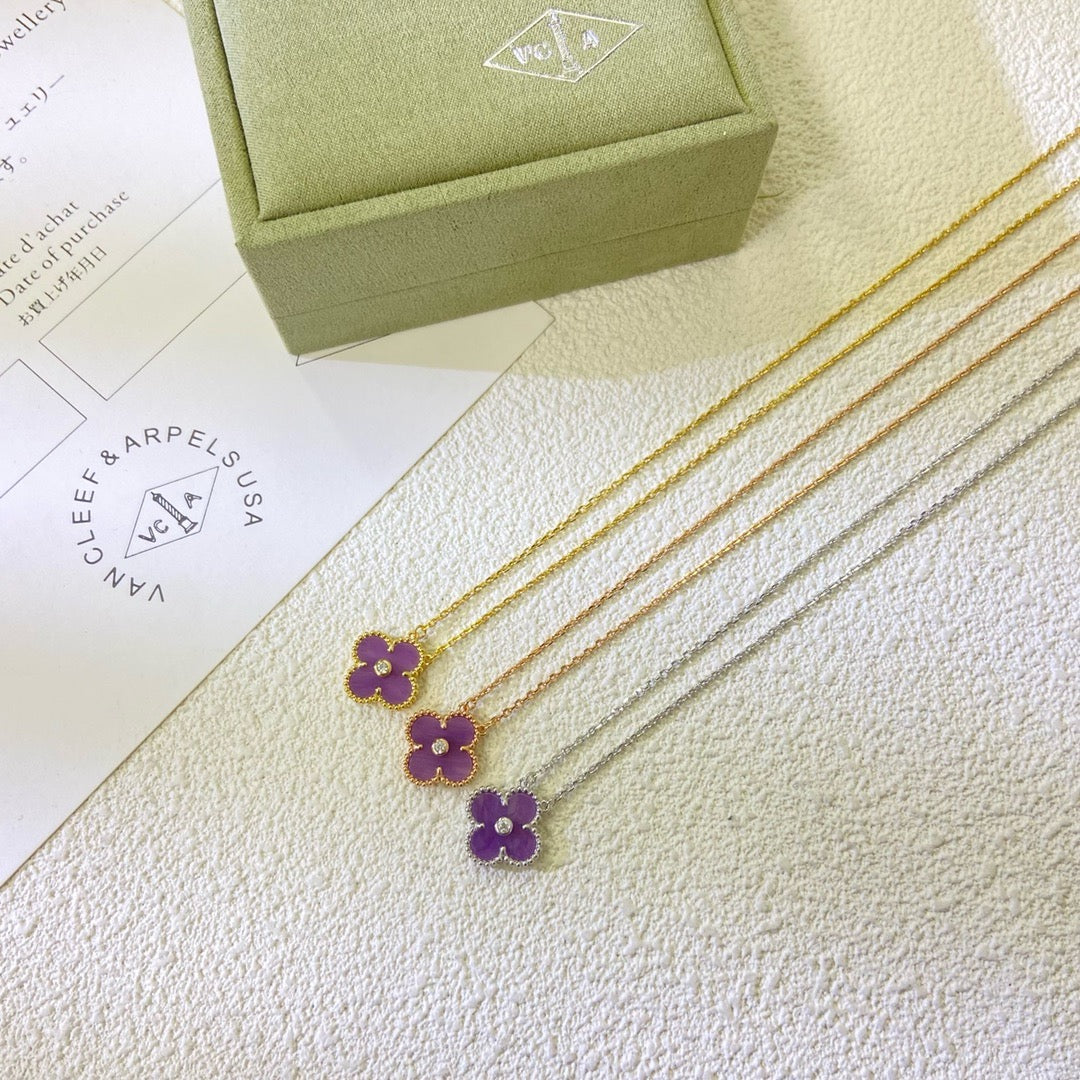 [⭐Aura Jewelry]CLOVER 15MM DIAMOND  PURPLE VIOLET NECKLACE