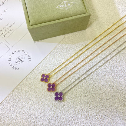 [⭐Aura Jewelry]CLOVER 15MM DIAMOND  PURPLE VIOLET NECKLACE