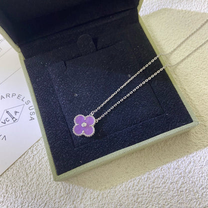 [⭐Aura Jewelry]CLOVER 15MM DIAMOND  PURPLE VIOLET NECKLACE