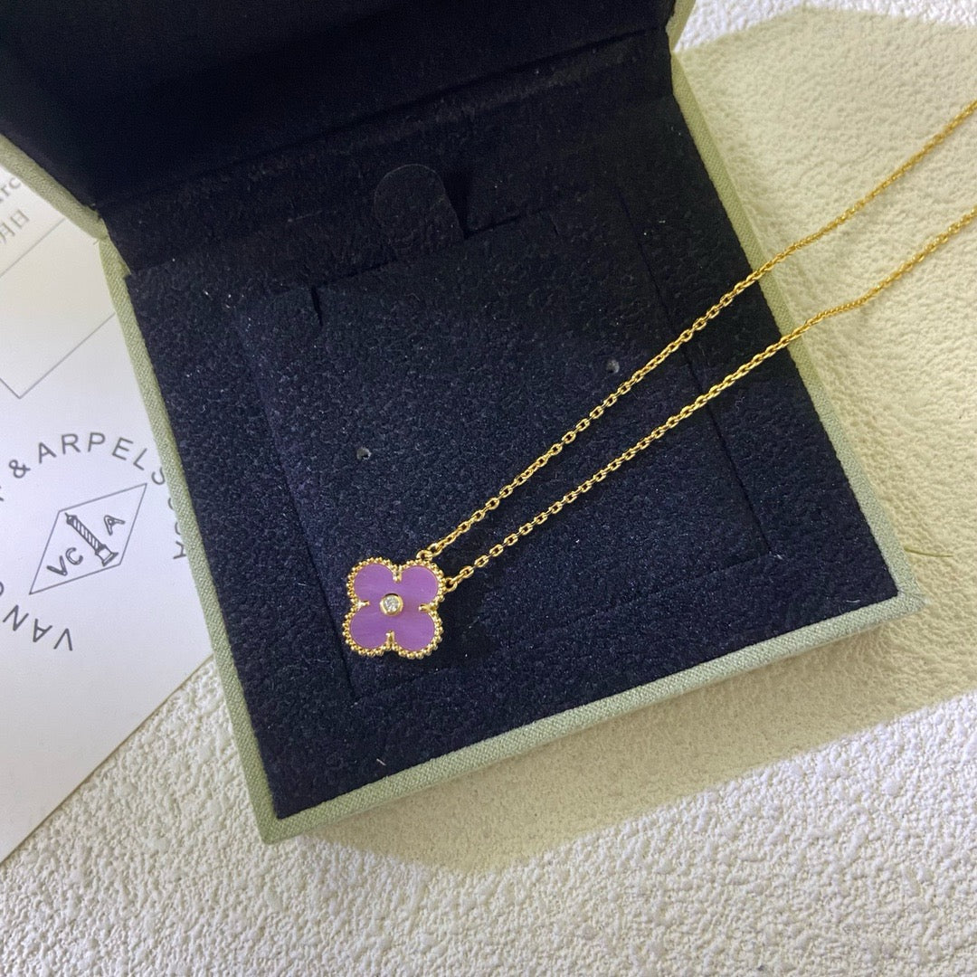 [⭐Aura Jewelry]CLOVER 15MM DIAMOND  PURPLE VIOLET NECKLACE