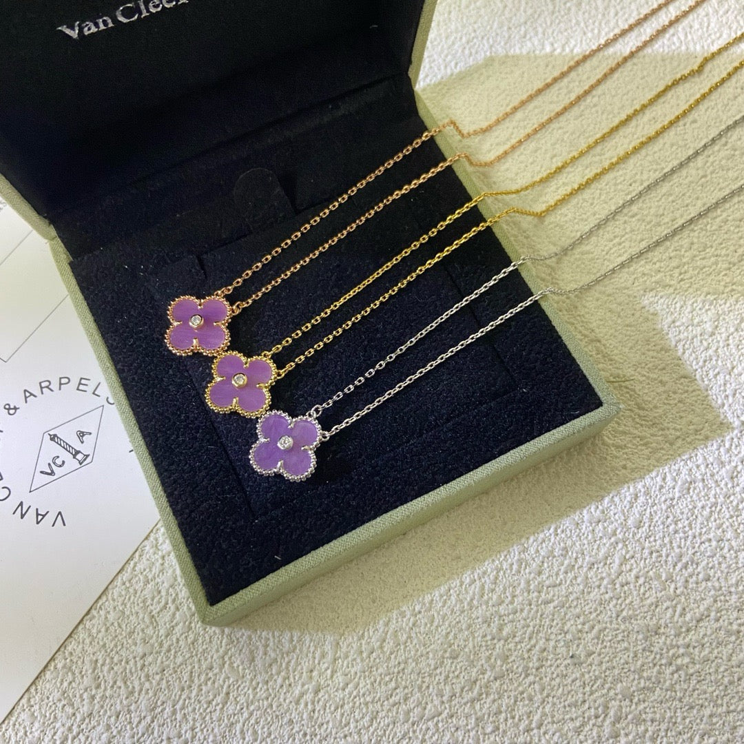 [⭐Aura Jewelry]CLOVER 15MM DIAMOND  PURPLE VIOLET NECKLACE