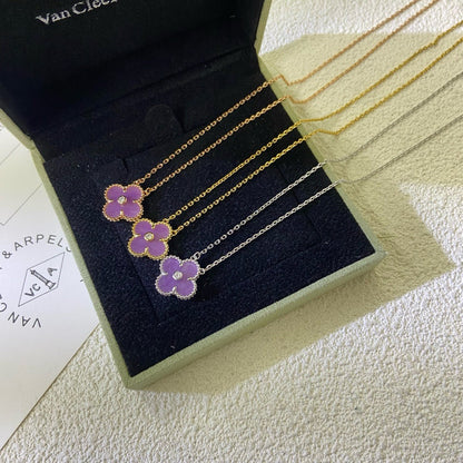 [⭐Aura Jewelry]CLOVER 15MM DIAMOND  PURPLE VIOLET NECKLACE