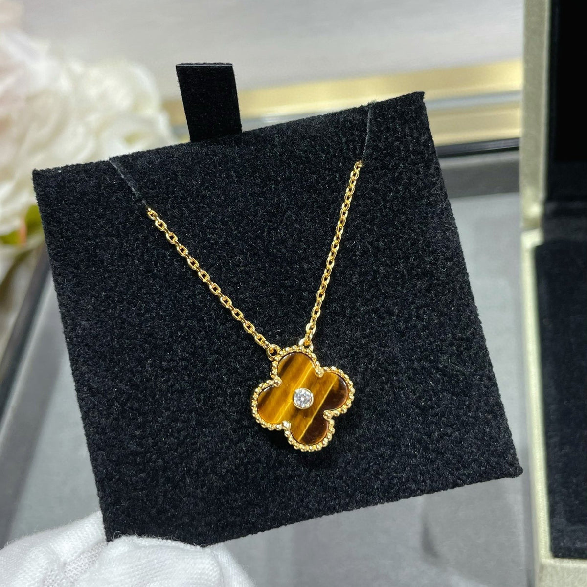 [⭐Aura]CLOVER 15MM DIAMOND AND YELLOW TIGER'S EYE AGATE necklace