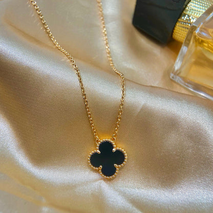 [⭐Aura]CLOVER 15MM BLACK ONYX SINGLE FLOWER NECKLACE