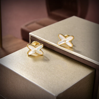 [⭐Aura]JEUX DE WHITE MOP GOLD DIAMOND EARRINGS