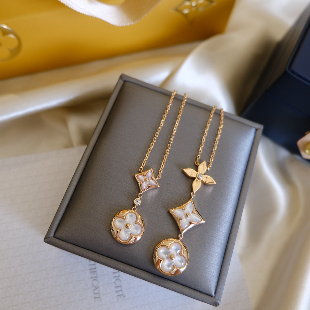 [⭐Aura]COLOR BLOSSOM LARIAT NECKLACE PINK GOLD WHITE MOTHER PEARL AND DIAMOND