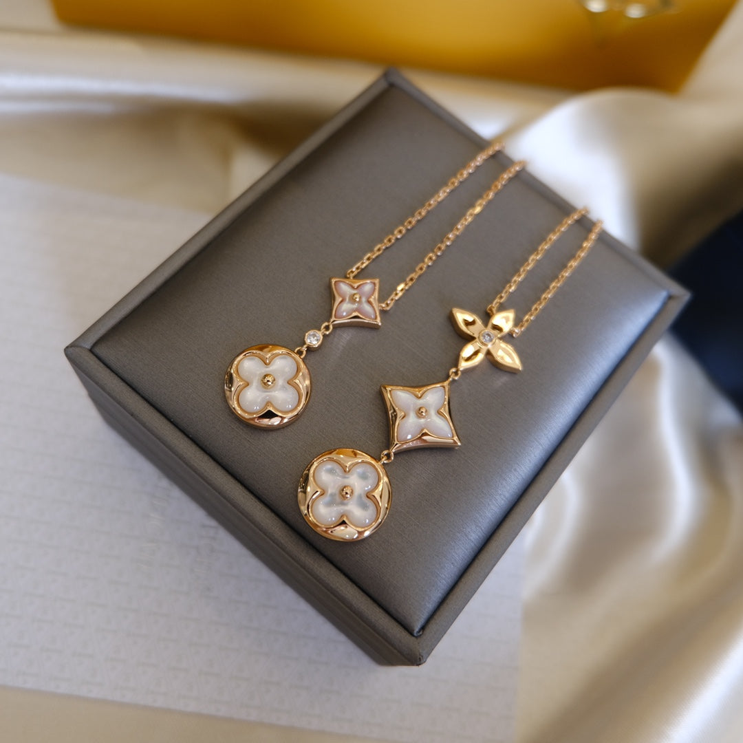 [⭐Aura]COLOR BLOSSOM LARIAT NECKLACE PINK GOLD WHITE MOTHER PEARL AND DIAMOND