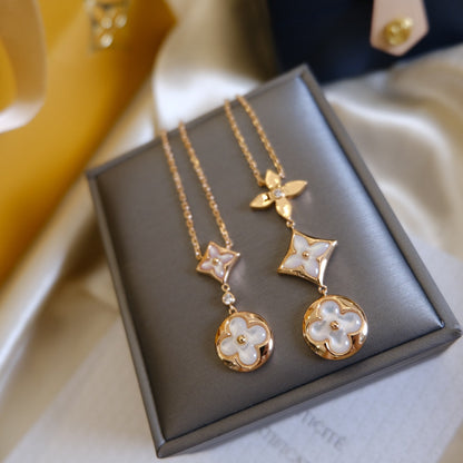 [⭐Aura]COLOR BLOSSOM LARIAT NECKLACE PINK GOLD WHITE MOTHER PEARL AND DIAMOND