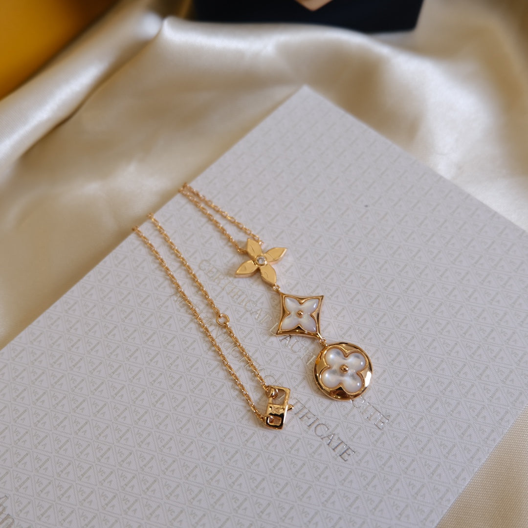 [⭐Aura]COLOR BLOSSOM LARIAT NECKLACE PINK GOLD WHITE MOTHER PEARL AND DIAMOND