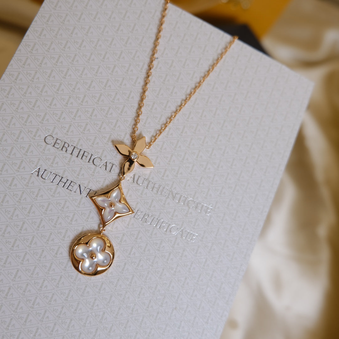 [⭐Aura]COLOR BLOSSOM LARIAT NECKLACE PINK GOLD WHITE MOTHER PEARL AND DIAMOND