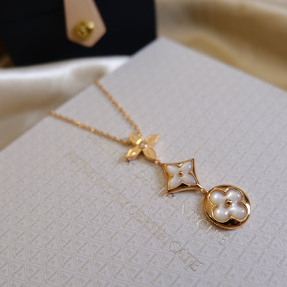 [⭐Aura]COLOR BLOSSOM LARIAT NECKLACE PINK GOLD WHITE MOTHER PEARL AND DIAMOND