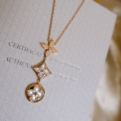 [⭐Aura]COLOR BLOSSOM LARIAT NECKLACE PINK GOLD WHITE MOTHER PEARL AND DIAMOND