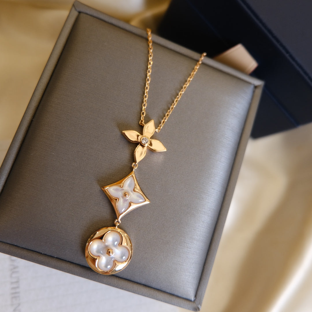 [⭐Aura]COLOR BLOSSOM LARIAT NECKLACE PINK GOLD WHITE MOTHER PEARL AND DIAMOND