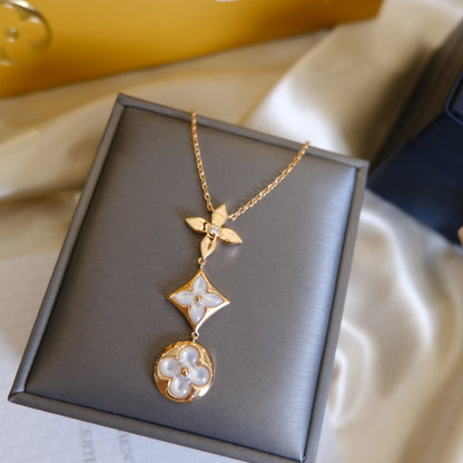 [⭐Aura]COLOR BLOSSOM LARIAT NECKLACE PINK GOLD WHITE MOTHER PEARL AND DIAMOND