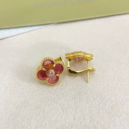 [⭐Aura]2026 NEW  CLOVER 1 MOTIFPINK ENAMEL STUD EARRINGS WITH DIAMONDS2