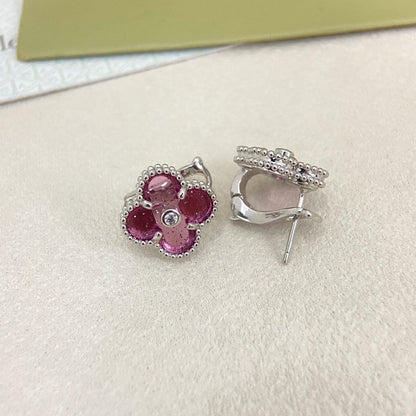 [⭐Aura]2026 NEW  CLOVER 1 MOTIFPINK ENAMEL STUD EARRINGS WITH DIAMONDS2